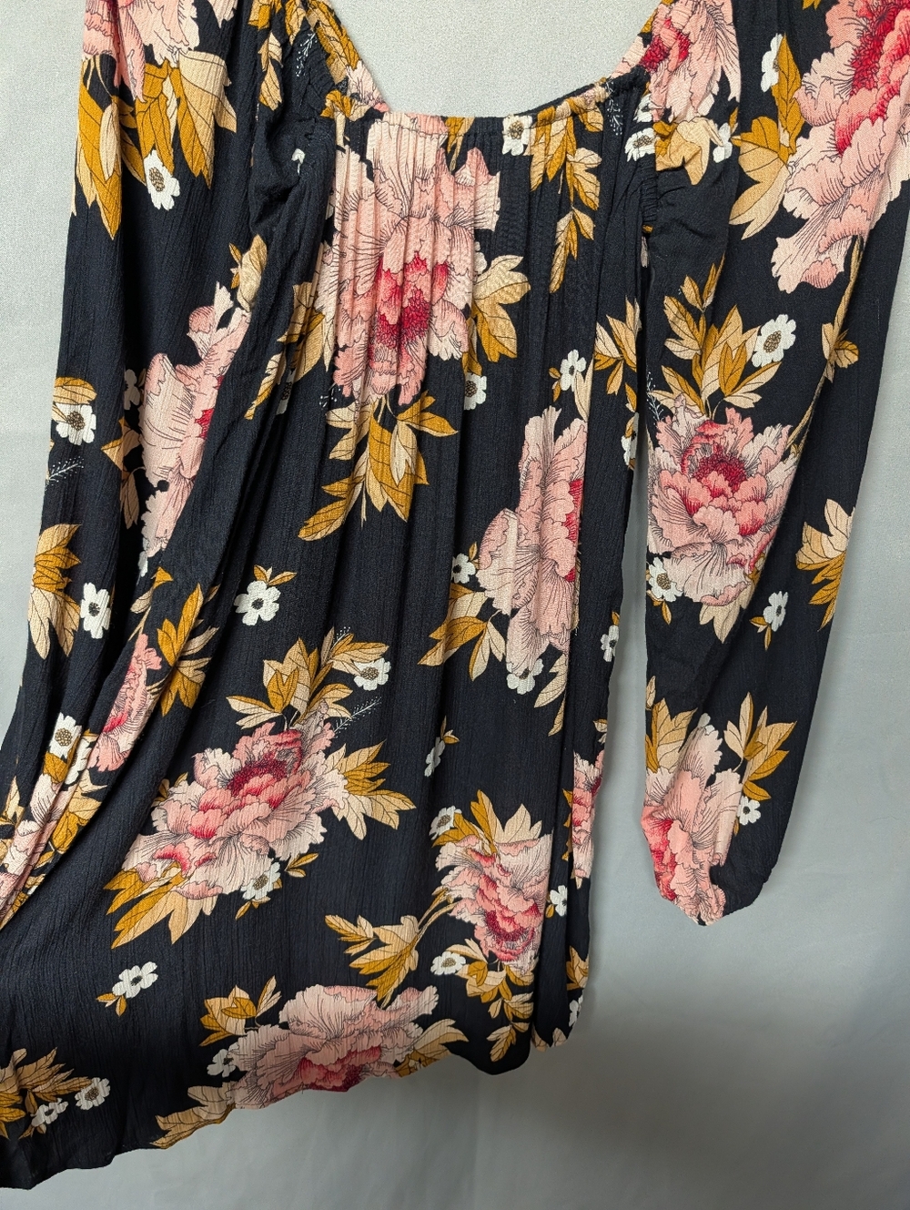 Black Floral Long Sleeve Babydoll Dress - Pink & Mustard Flowers - Picture 4 of 10